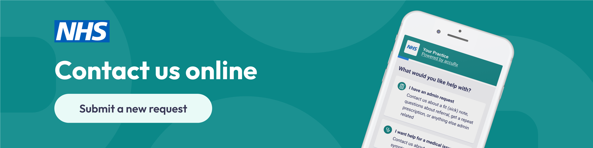 Accurx banner. 'Contact us online. Submit a new request' image of a mobile on the accurx site